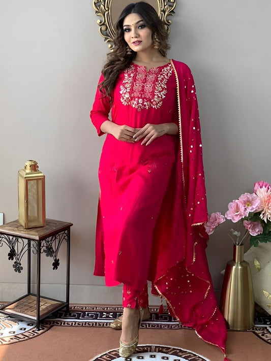 Red Cotton Embroidery Sequinned Kurta Set 