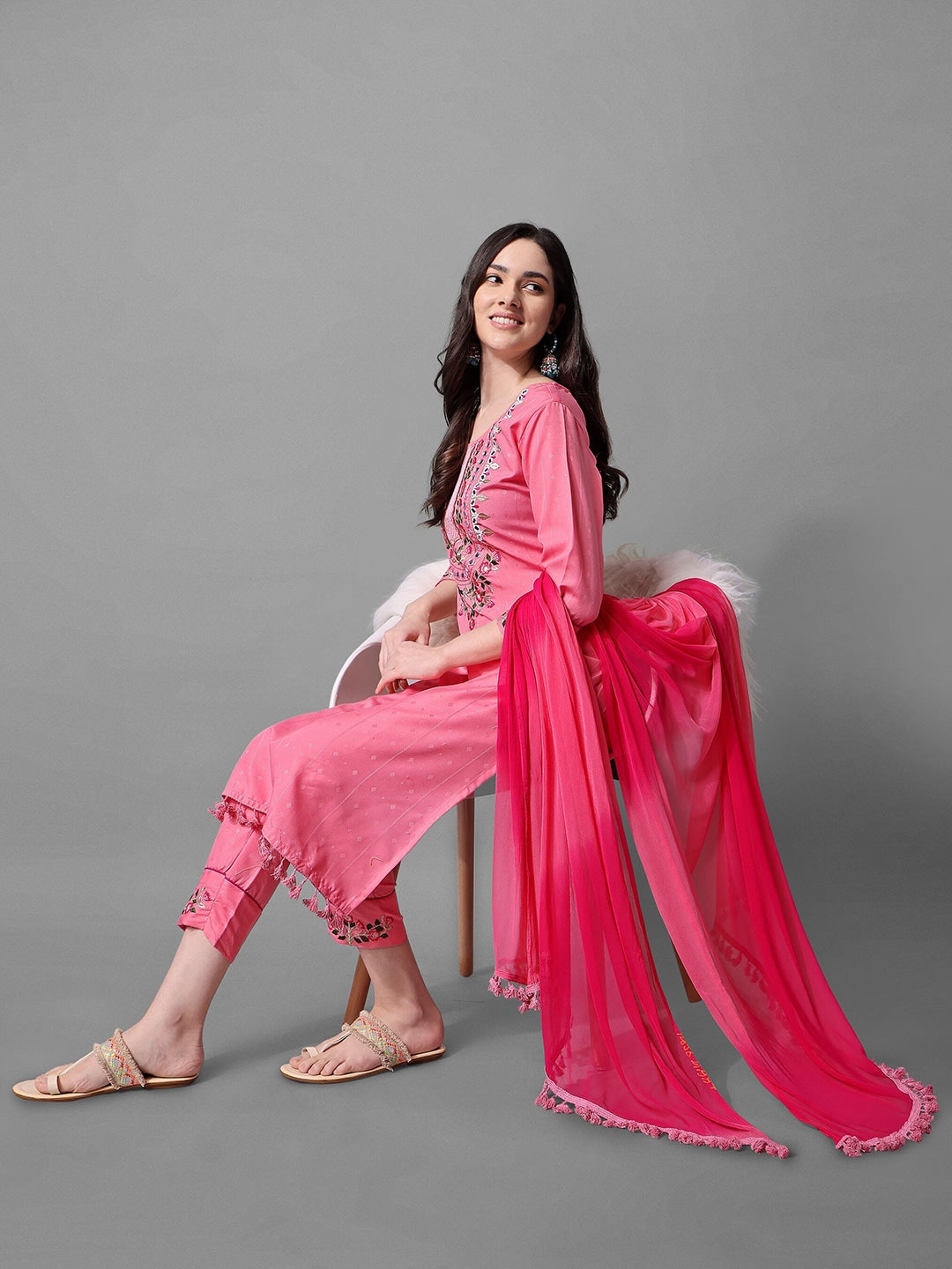 Pink Cotton Embroidered Mirror Work Kurta Set 