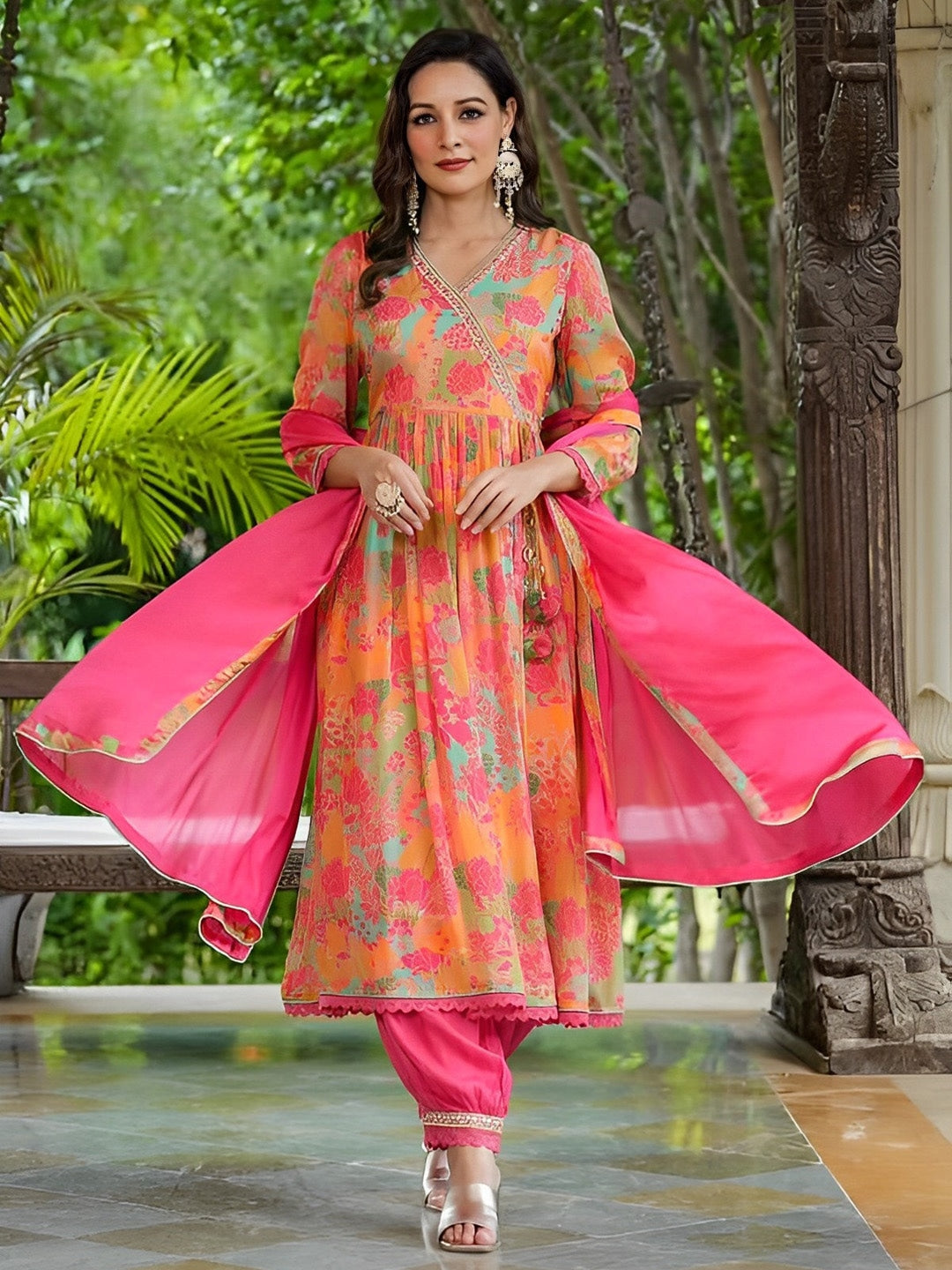 Orange Cotton Floral Printed V-Neck Angrakha Anarkali Kurta With Trousers & Dupatta 