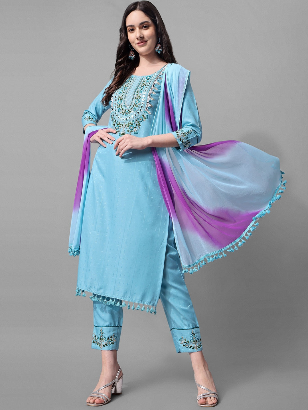 Blue Cotton Embroidered Mirror Work Kurta Set 