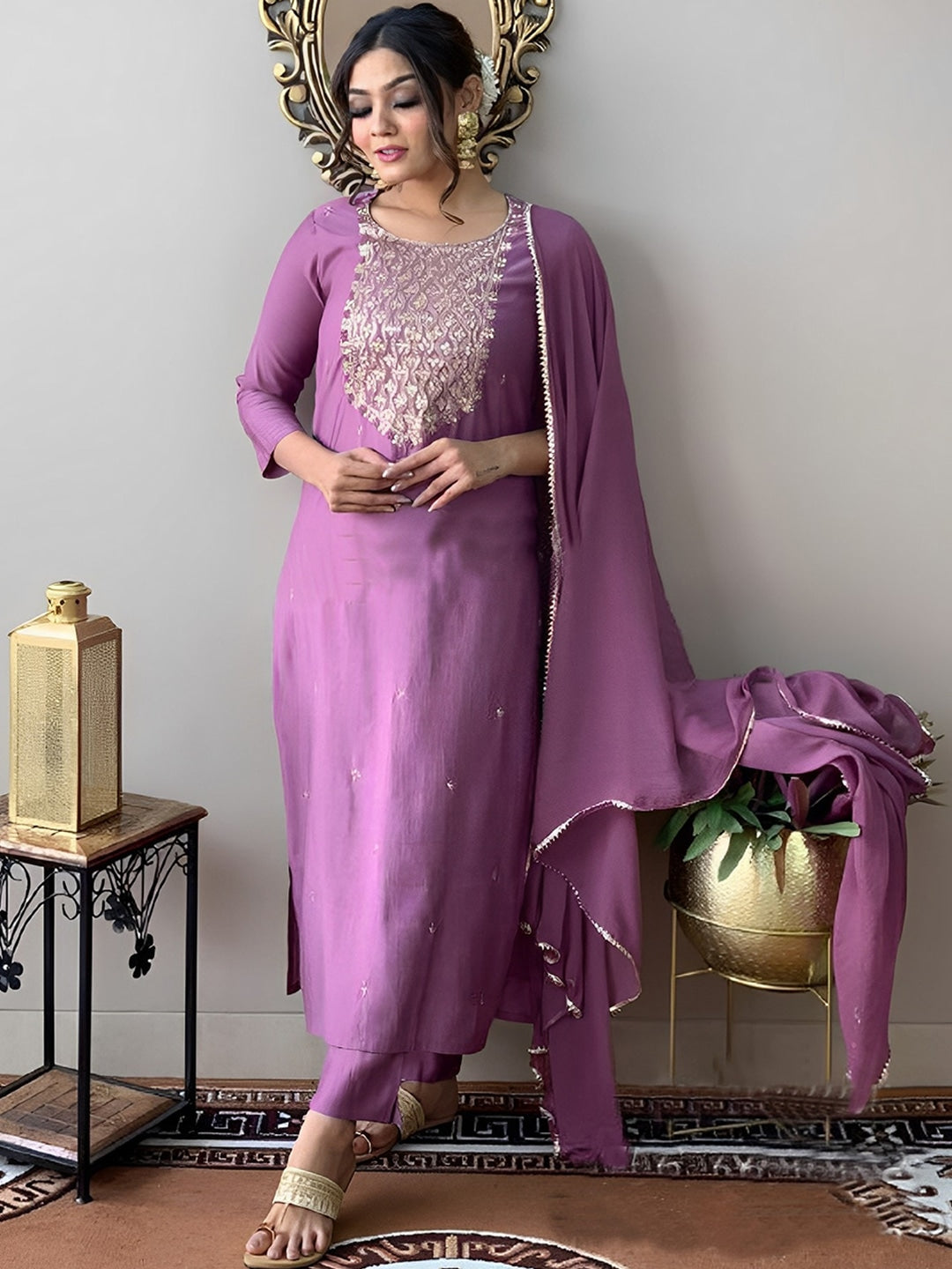 Onion Rayon Cotton Embroidery Sequinned Kurta Set 