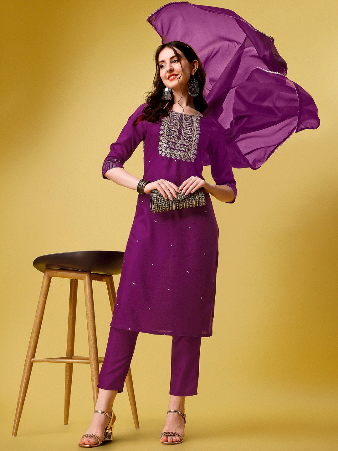 Purple Cotton Embroidered Regular Straight Kurta Set 