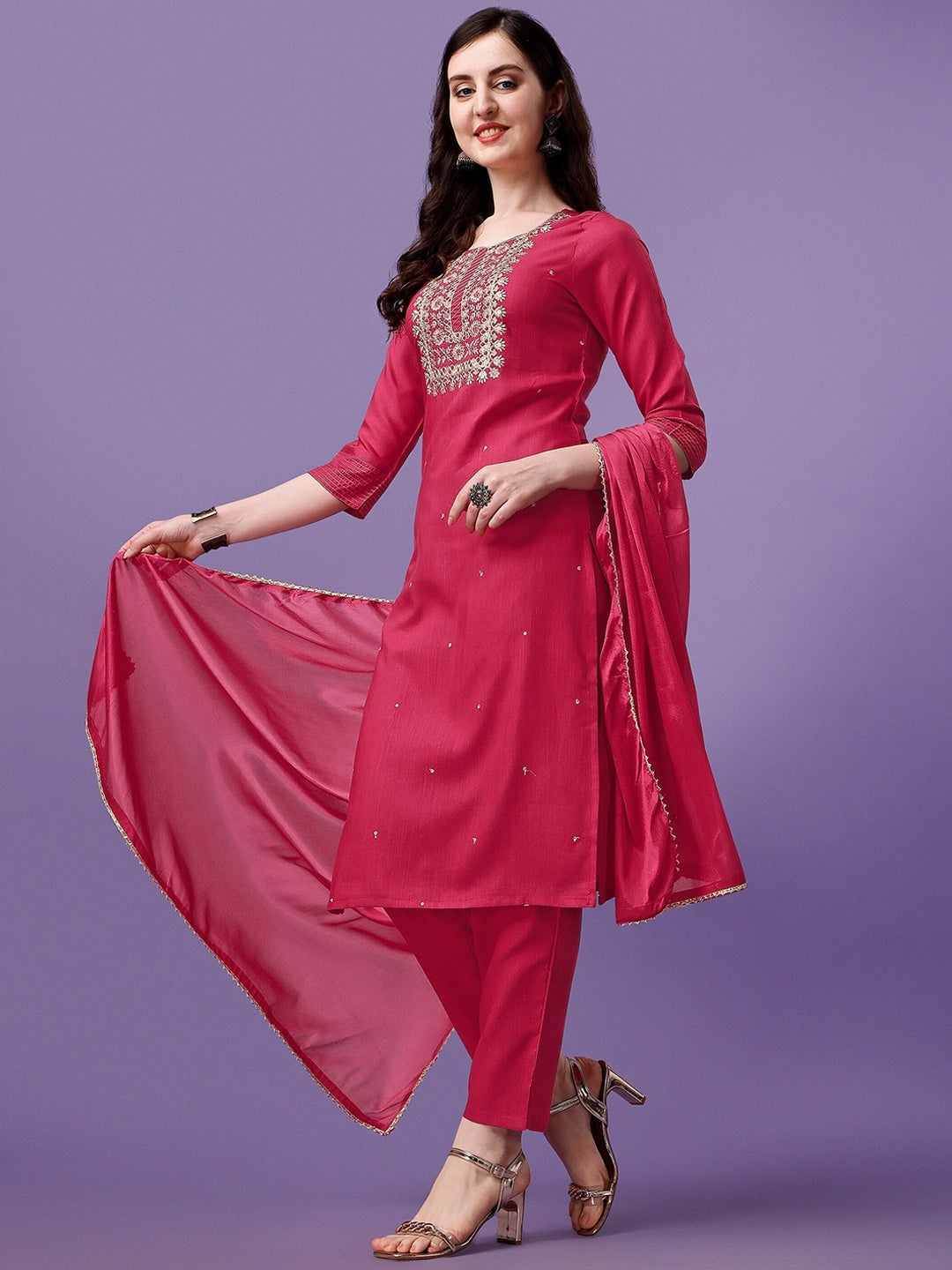 Red Cotton Embroidered Straight Kurta Set 