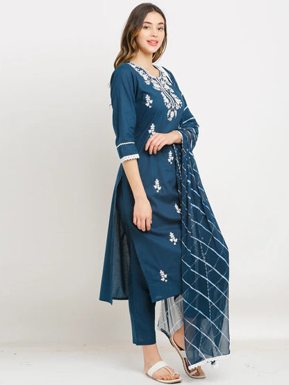 Rama Blue Cotton Embroidered Thread Work Kurta Set 