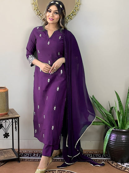 Purple Rayon Cotton Embroidered Kurta Set 