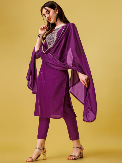 Purple Cotton Embroidered Regular Straight Kurta Set 