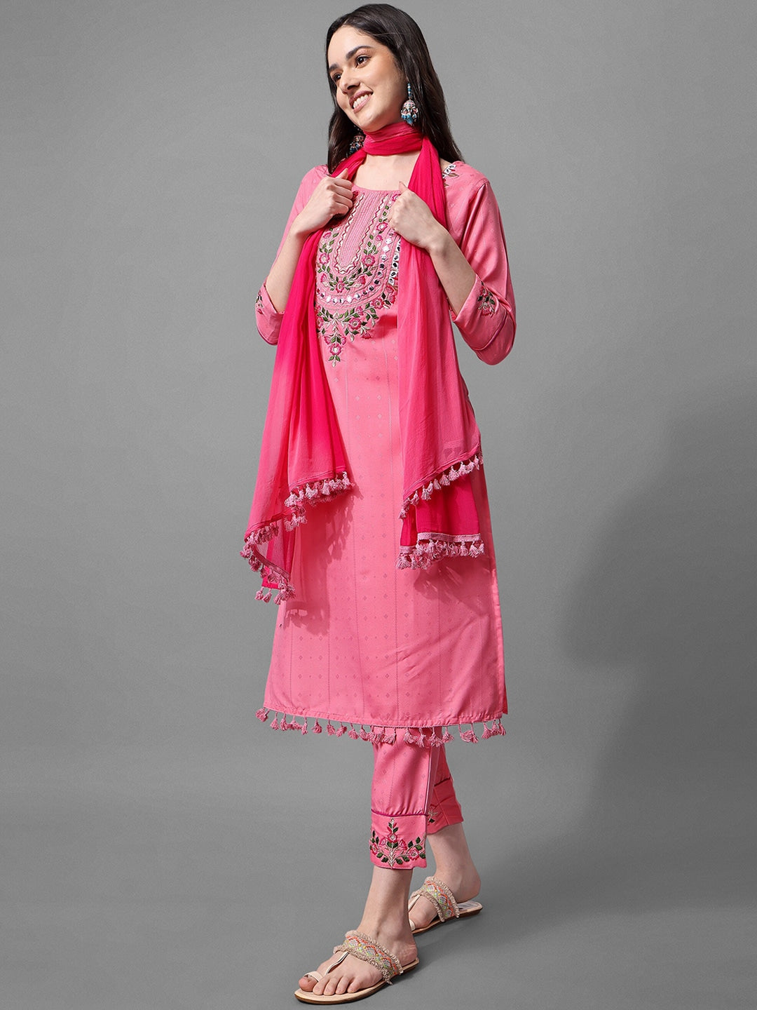 Pink Cotton Embroidered Mirror Work Kurta Set 