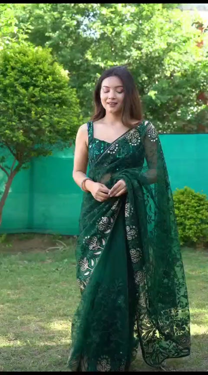 Green Soft Net Embroidery Saree for Women