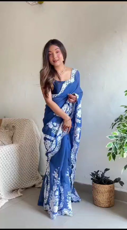 Blue Organza Silk Embroidery Saree for Women