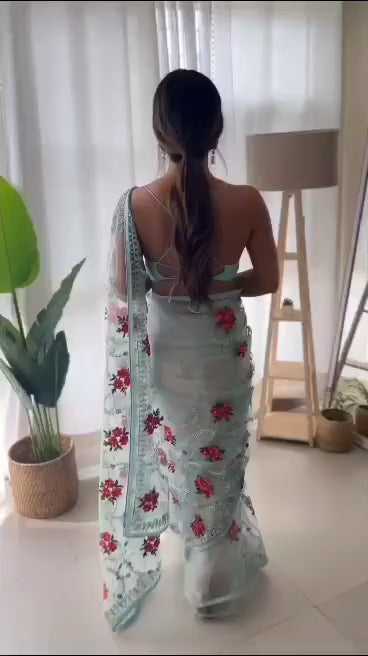 Grey Net Embroidery Saree for Women