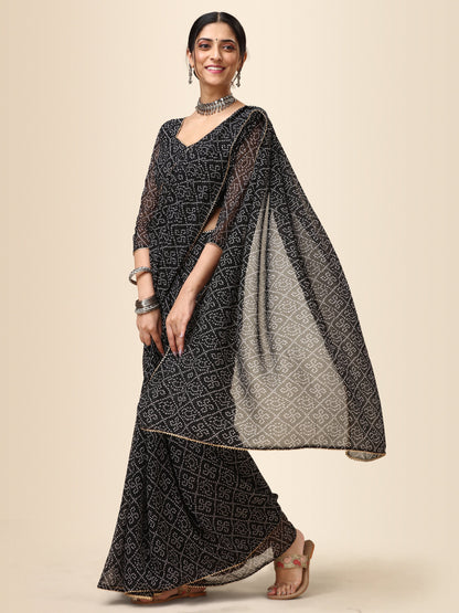 Black Georgette Bandhani Printed Saree for Women 