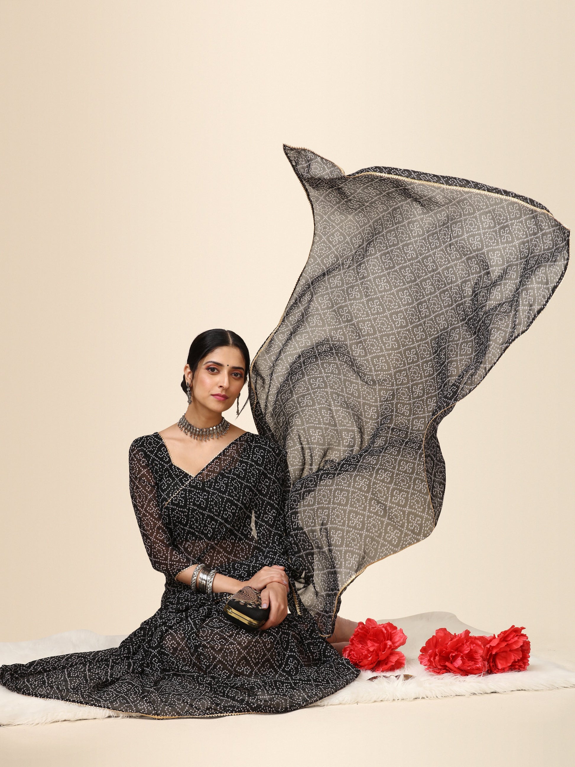 Black Georgette Bandhani Printed Saree for Women 