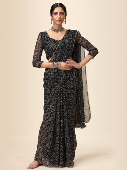 Black Georgette Bandhani Printed Saree for Women 