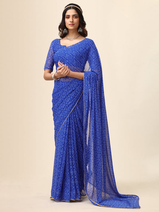 Blue Georgette Bandhani Printed Saree for Women 