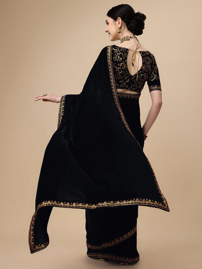 Black Velvet Embroidery Saree for Women Orrly.Store