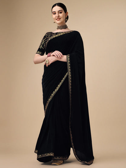 Black Velvet Embroidery Saree for Women Orrly.Store