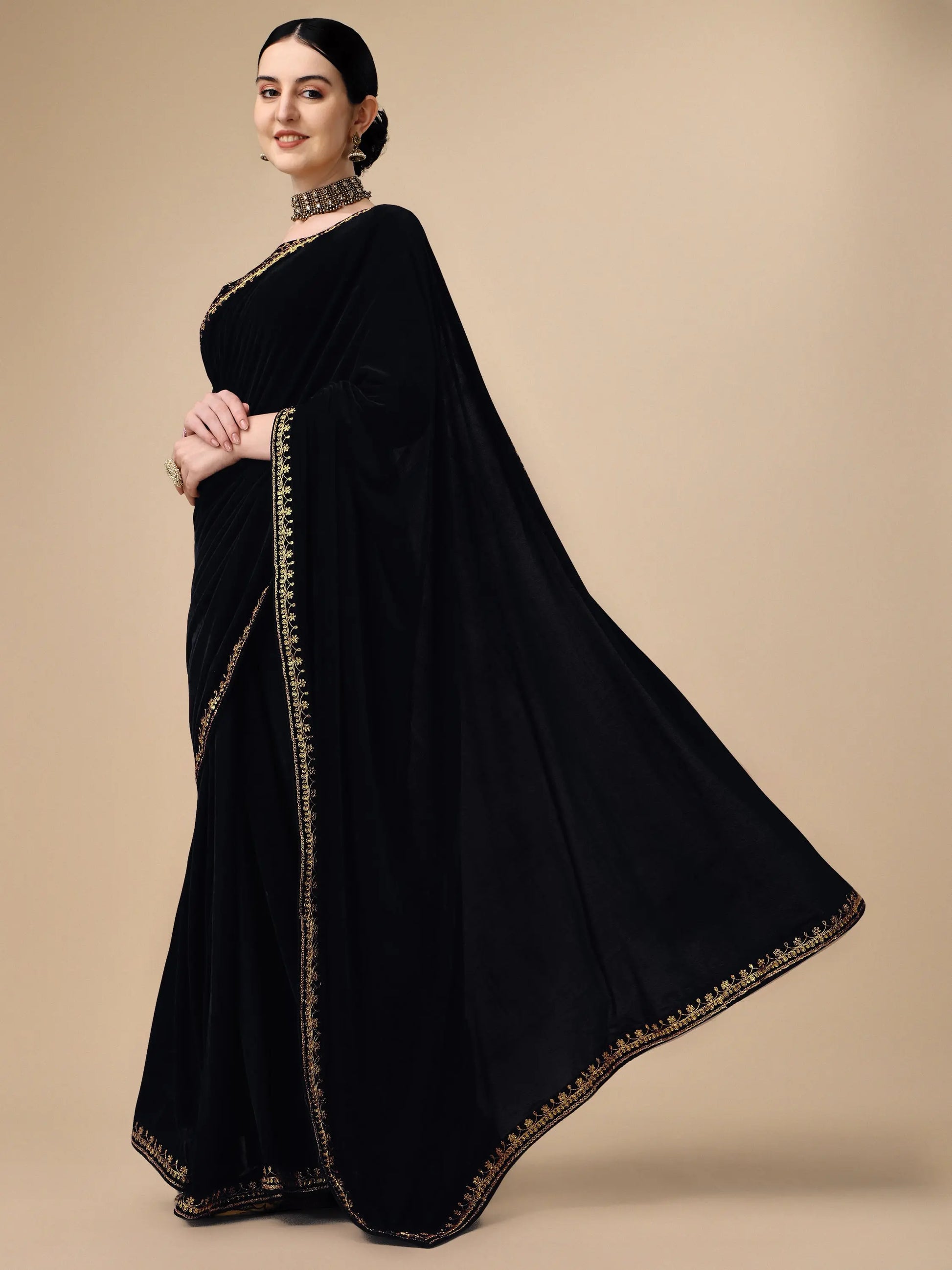 Black Velvet Embroidery Saree for Women Orrly.Store