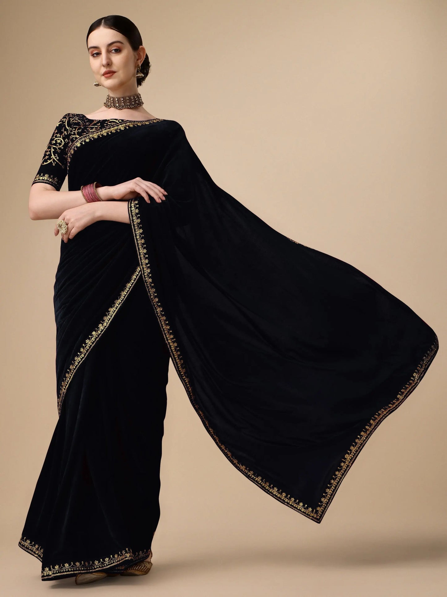 Black Velvet Embroidery Saree for Women Orrly.Store