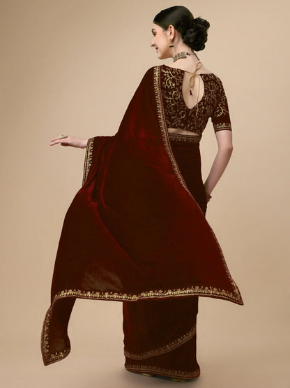 Maroon Velvet Embroidery Saree for Women Orrly.Store