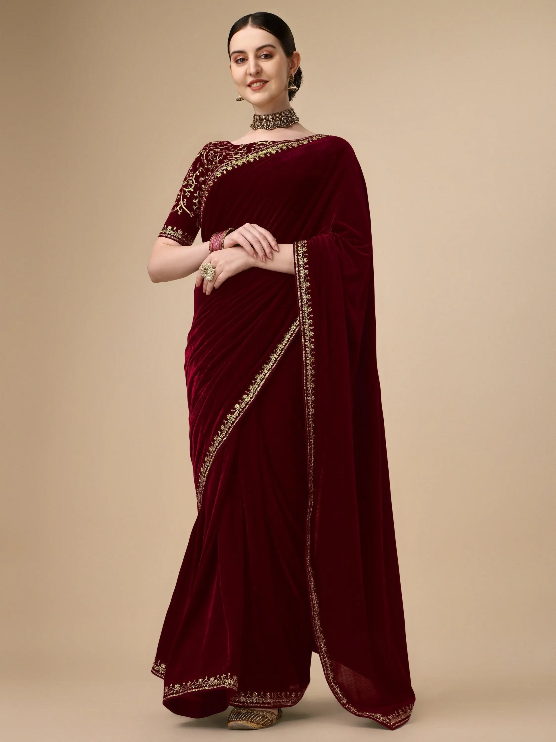 Maroon Velvet Embroidery Saree for Women Orrly.Store