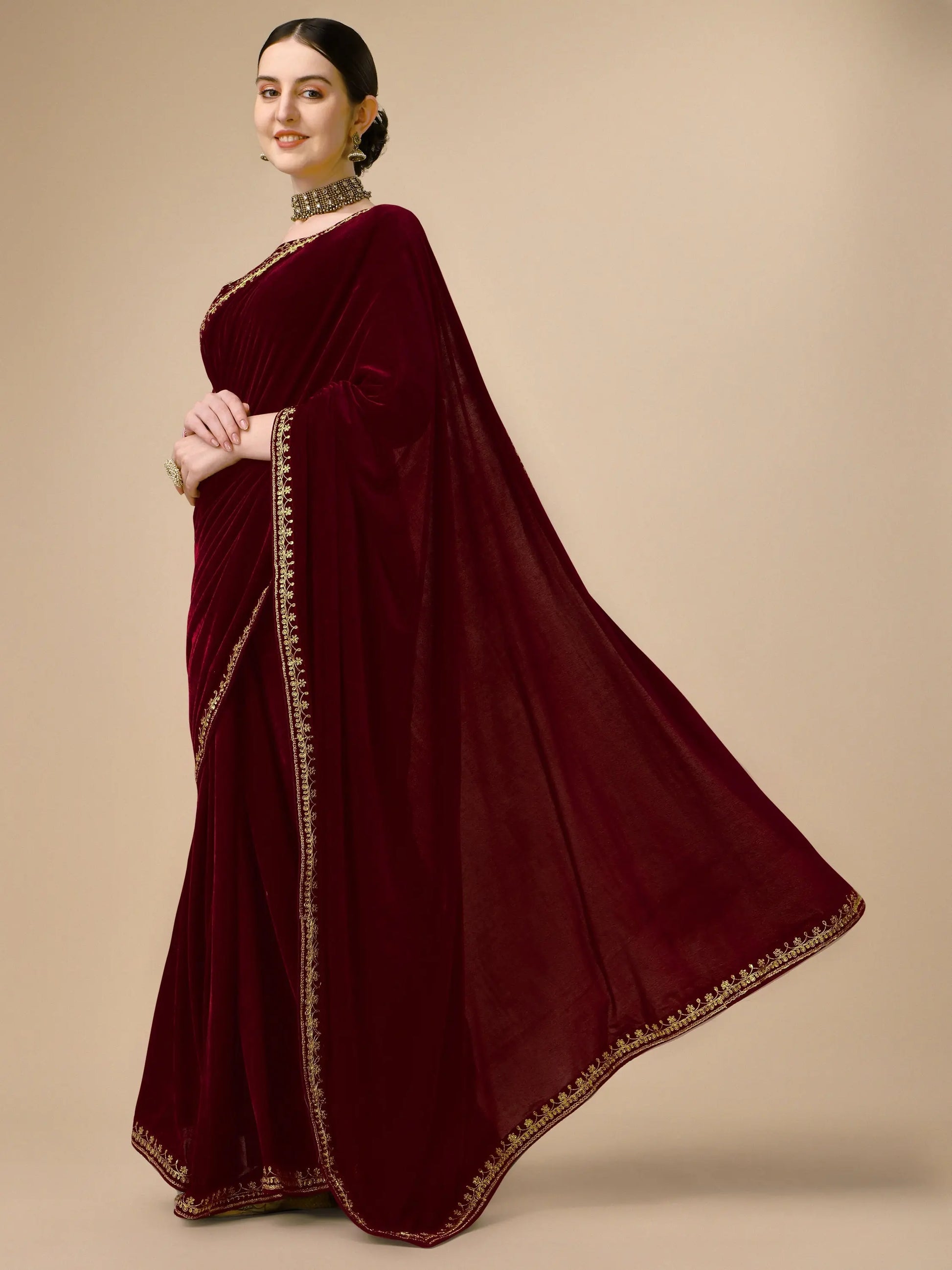 Maroon Velvet Embroidery Saree for Women Orrly.Store