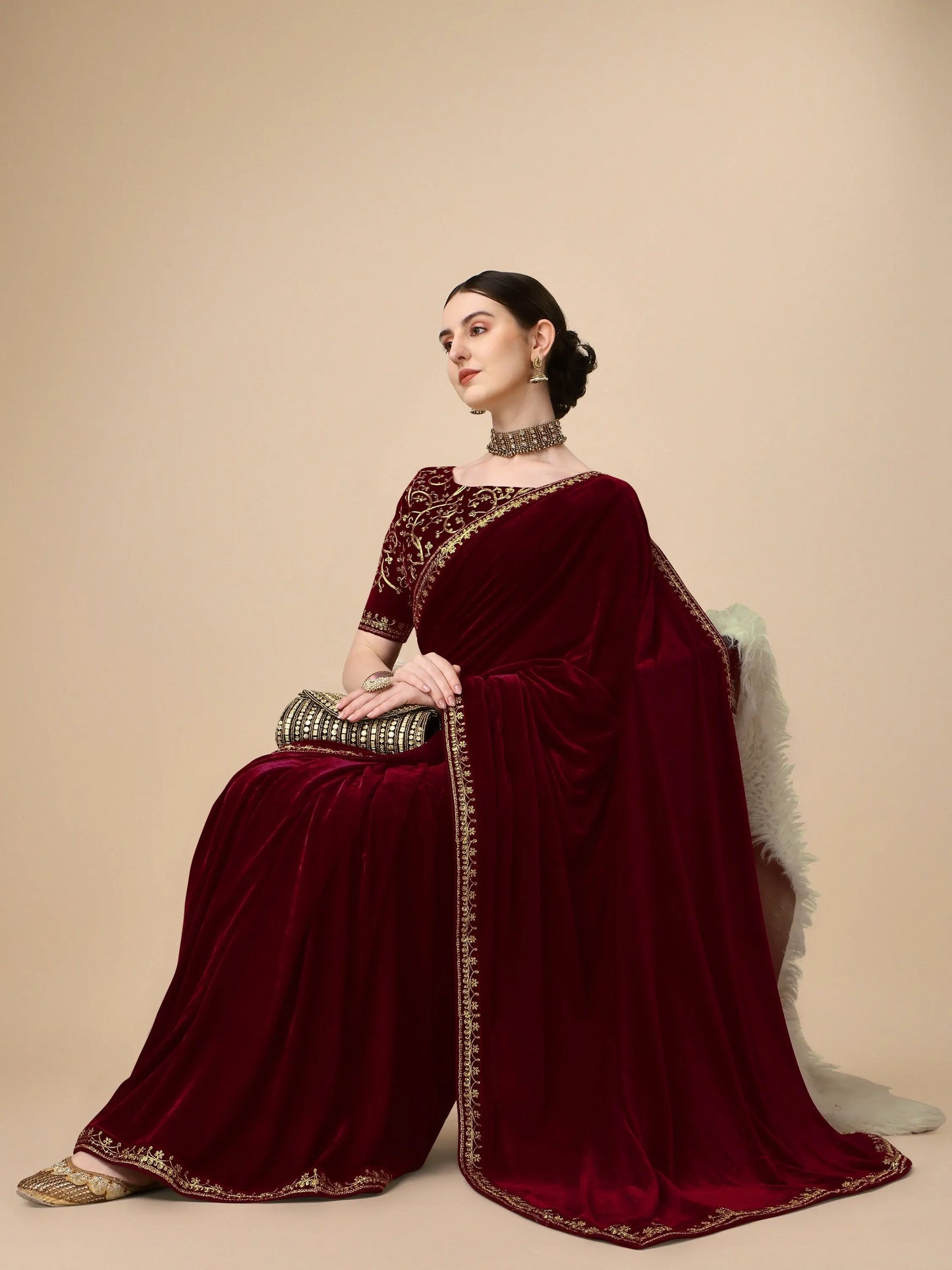 Maroon Velvet Embroidery Saree for Women Orrly.Store