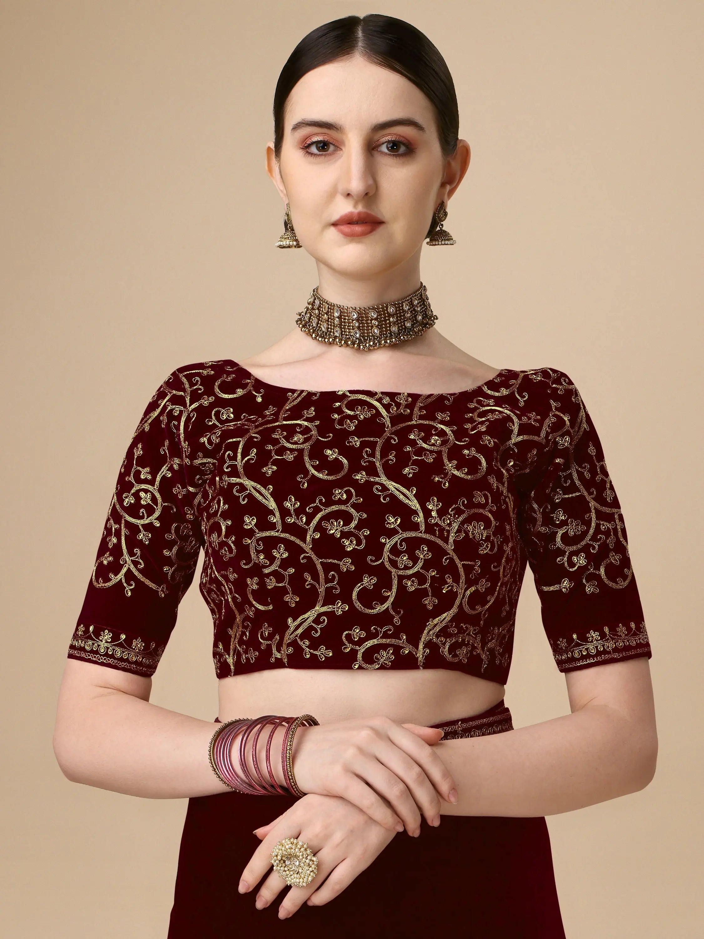 Maroon Velvet Embroidery Saree for Women Orrly.Store