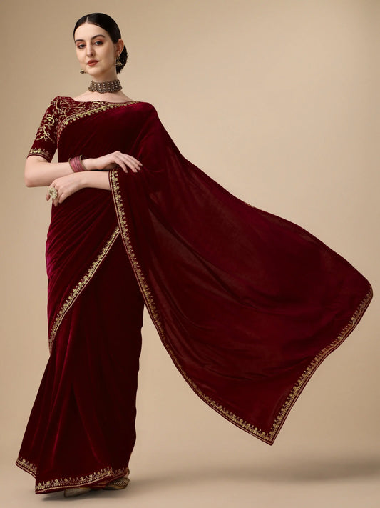 Maroon Velvet Embroidery Saree for Women Orrly.Store