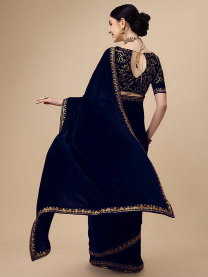 Navy Blue Velvet Embroidery Saree for Women Orrly.Store