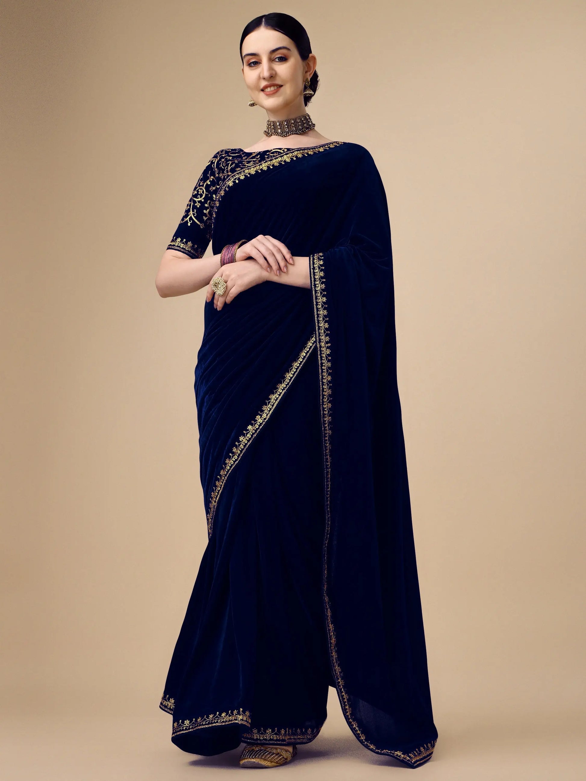 Navy Blue Velvet Embroidery Saree for Women Orrly.Store