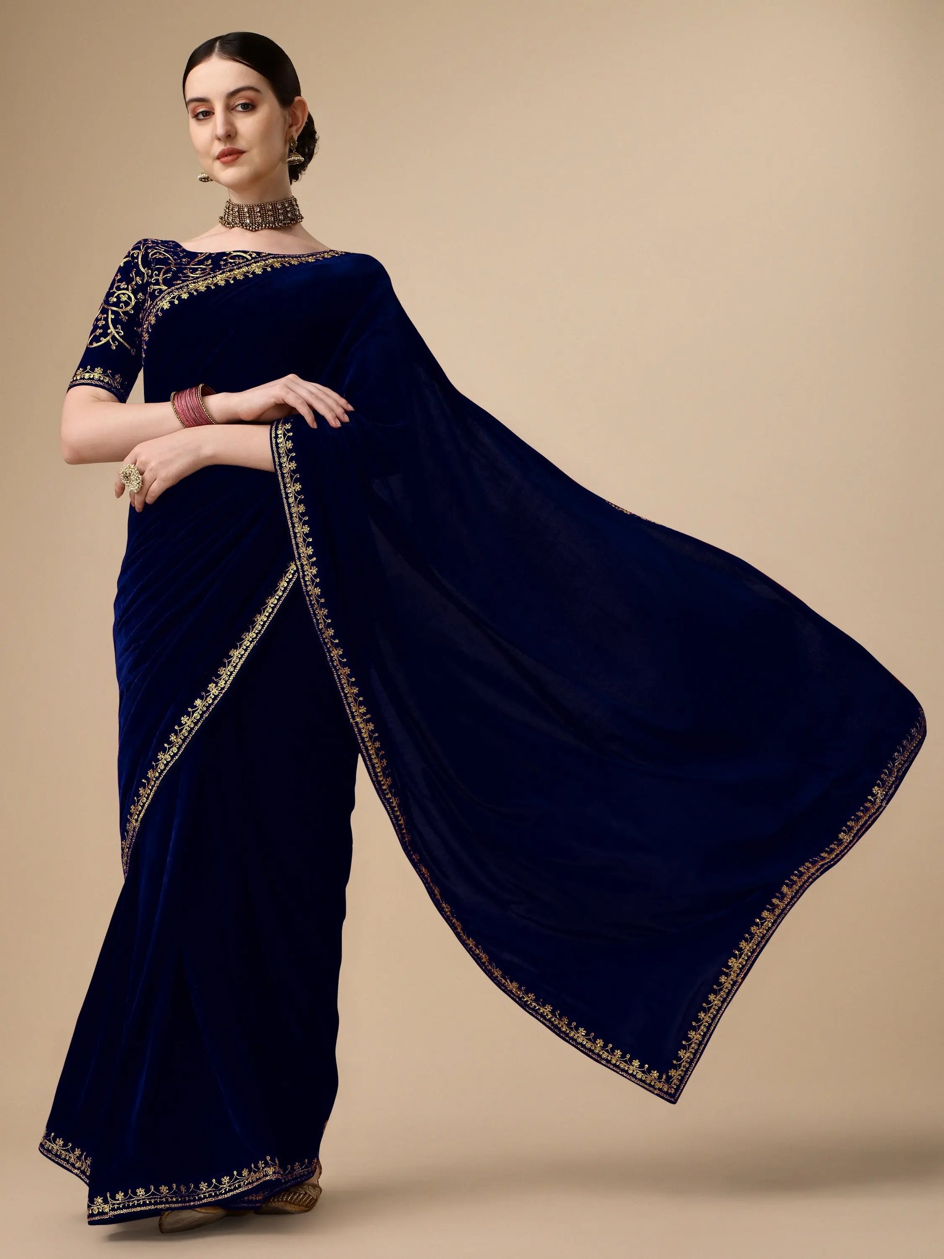 Navy Blue Velvet Embroidery Saree for Women Orrly.Store