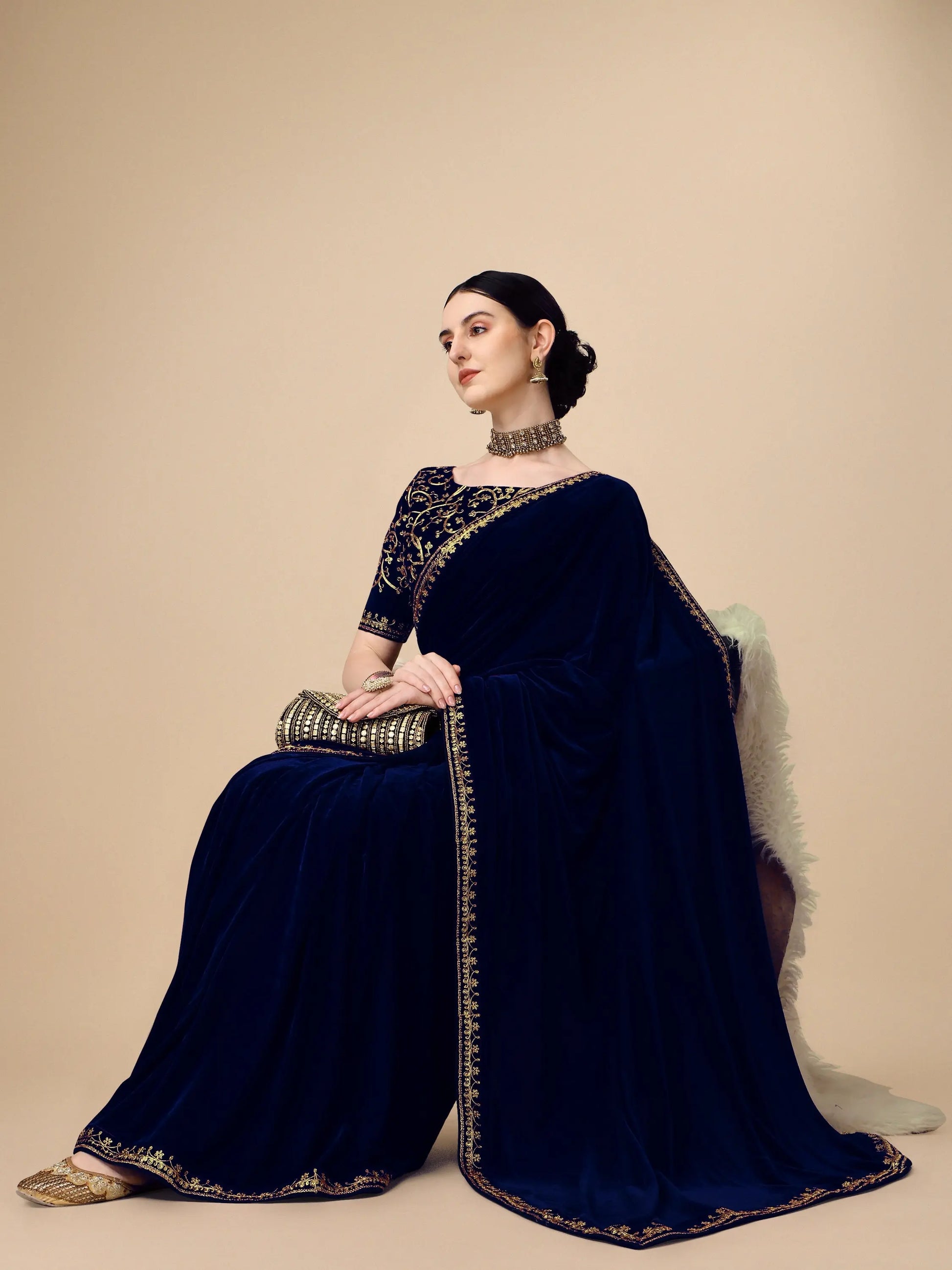 Navy Blue Velvet Embroidery Saree for Women Orrly.Store