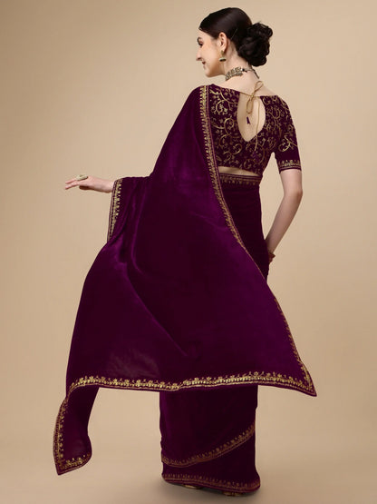 Purple Velvet Embroidery Saree for Women Orrly.Store