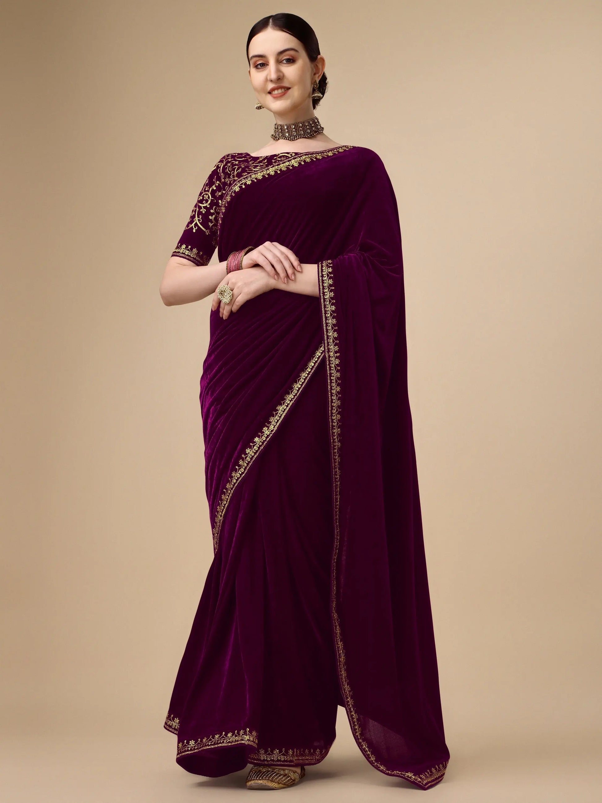 Purple Velvet Embroidery Saree for Women Orrly.Store