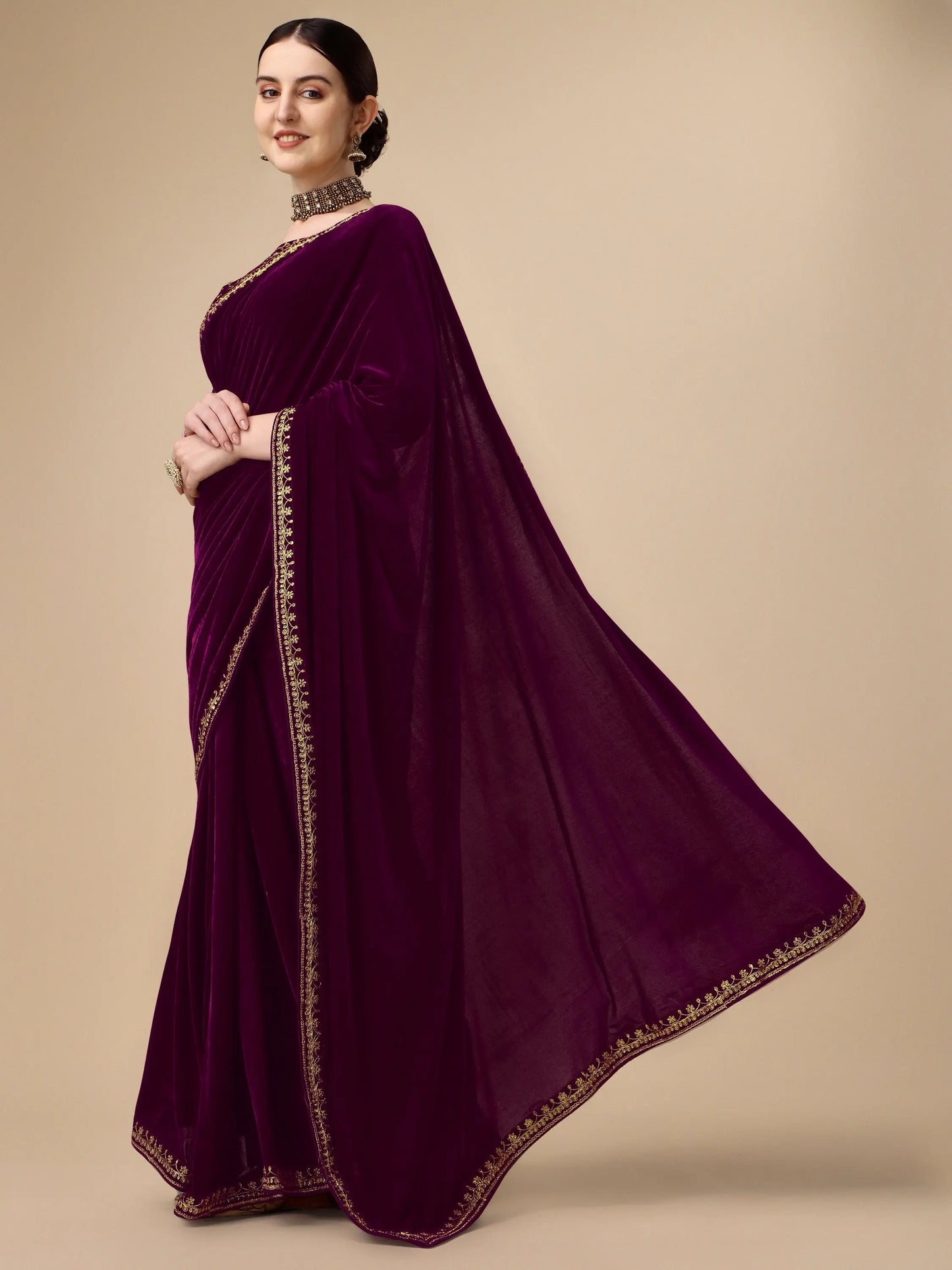 Purple Velvet Embroidery Saree for Women Orrly.Store