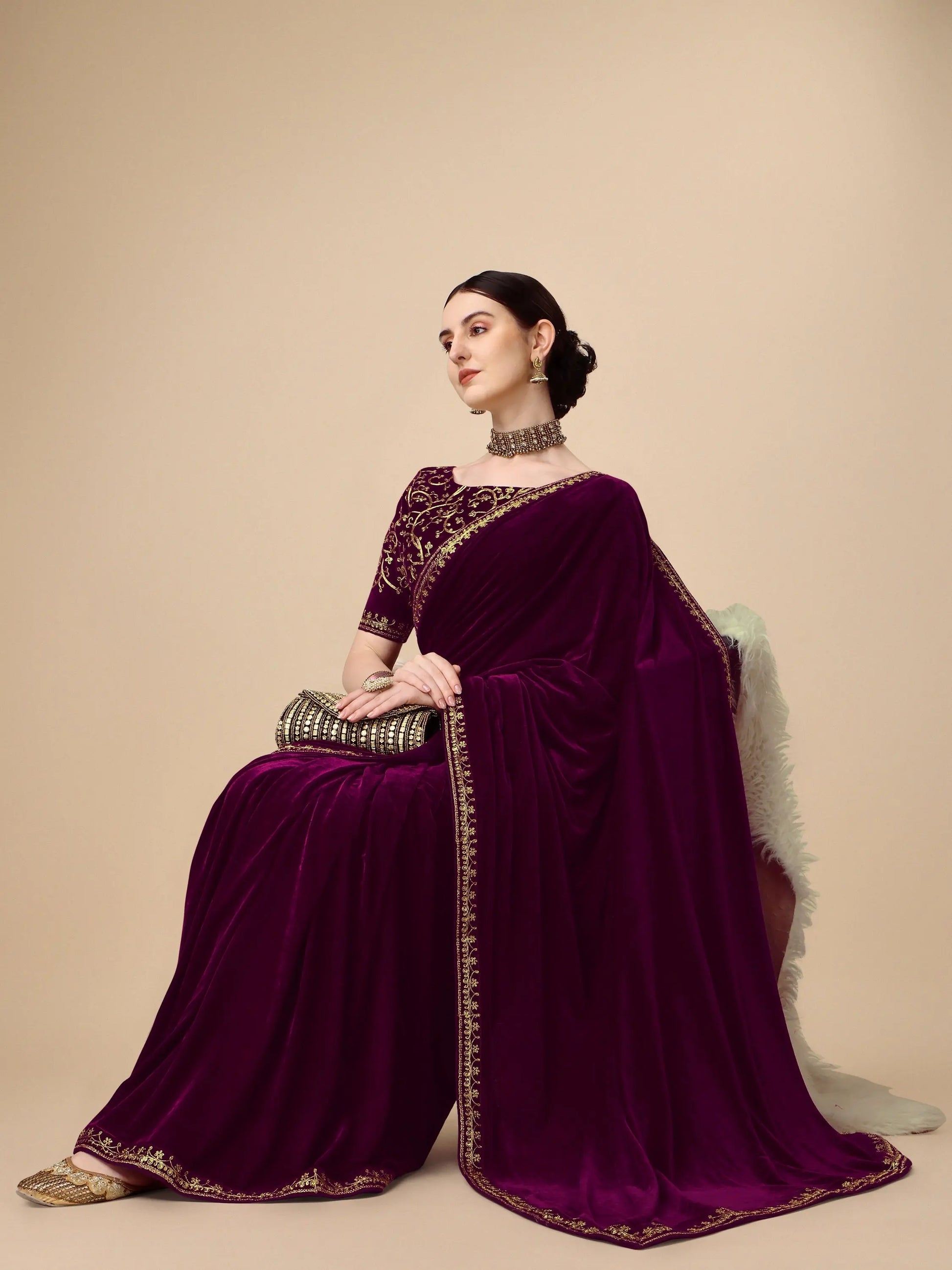 Purple Velvet Embroidery Saree for Women Orrly.Store